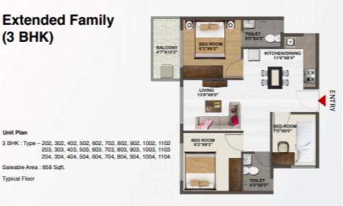 Sowparnika Unnathi Floor Plan - 858 sq.ft. 