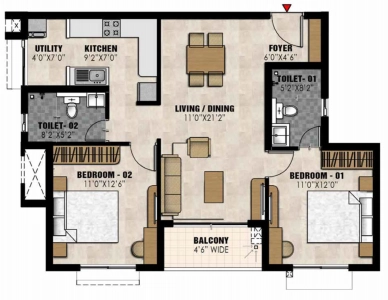 Prestige Elysian Floor Plan - 1109 sq.ft. 