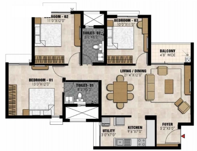 Prestige Elysian Floor Plan - 1342 sq.ft. 