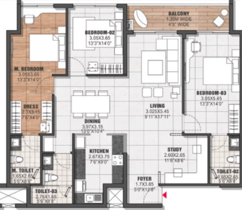 The Residences at Brigade Tech Gardens Floor Plan - 1553 sq.ft. 