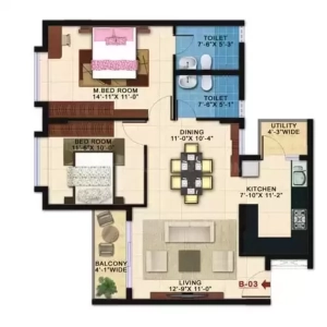 Kolte Patil Raaga Floor Plan - 1052 sq.ft. 