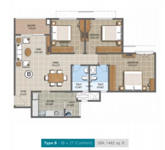 Purva Palm Beach Floor Plan - 1482 sq.ft. 