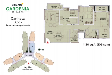 Brigade Gardenia Floor Plan - 1130 sq.ft. 