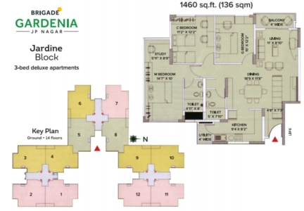 Brigade Gardenia Floor Plan - 1460 sq.ft. 