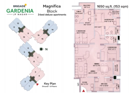 Brigade Gardenia Floor Plan - 1650 sq.ft. 