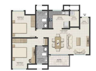 Sobha Lake Gardens Floor Plan - 1358 sq.ft. 