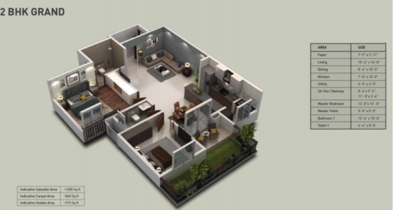 Purva Zenium Floor Plan - 1280 sq.ft. 