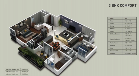 Purva Zenium Floor Plan - 1500 sq.ft. 