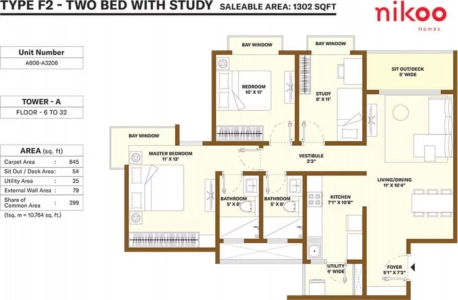 Bhartiya City Nikoo Homes Floor Plan - 1060 sq.ft. 