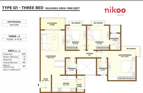 Bhartiya City Nikoo Homes Floor Plan - 1570 sq.ft. 