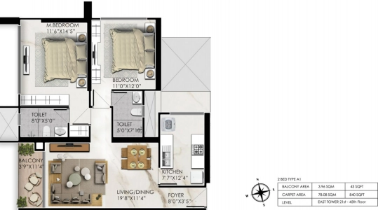Prestige Jasdan Classic Floor Plan - 840 sq.ft. 