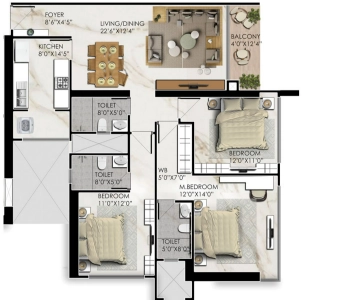 Prestige Jasdan Classic Floor Plan - 1256 sq.ft. 