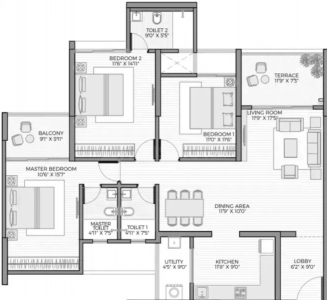 Kunal The Canary Floor Plan - 1081 sq.ft. 