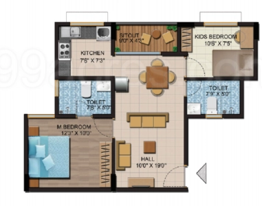 Shriram Nysa Floor Plan - 801 sq.ft. 