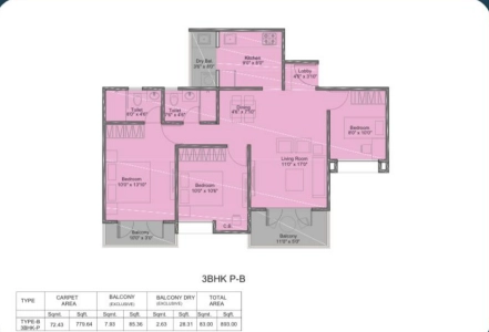 Kohinoor Viva City Floor Plan - 893 sq.ft. 