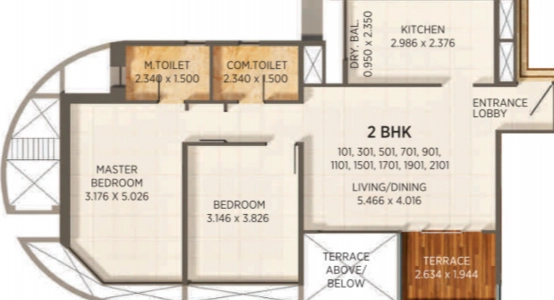Kumar Prospera Floor Plan - 870 sq.ft. 